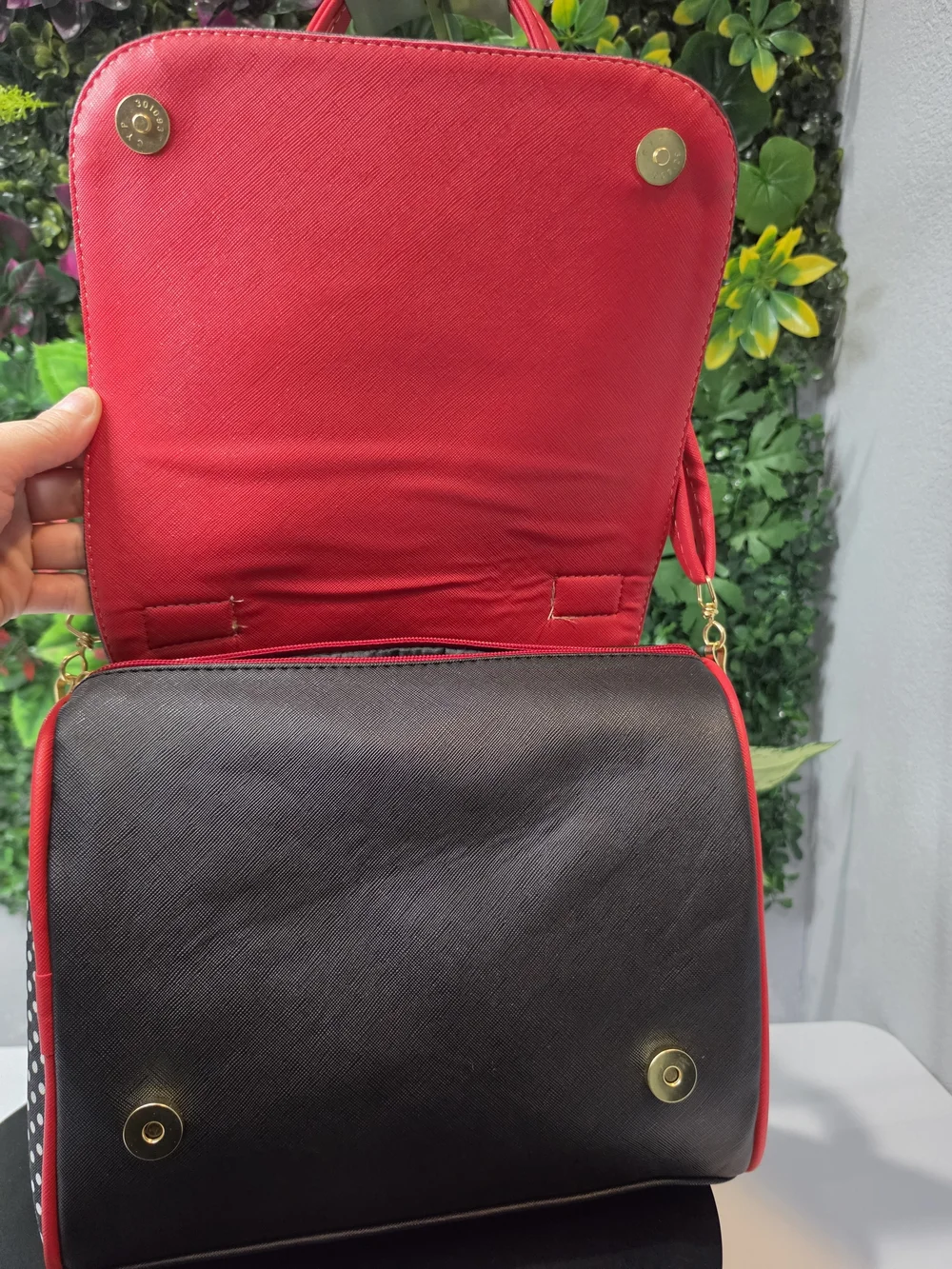 Black and Red Women's Satchel with Graphic Face Detail